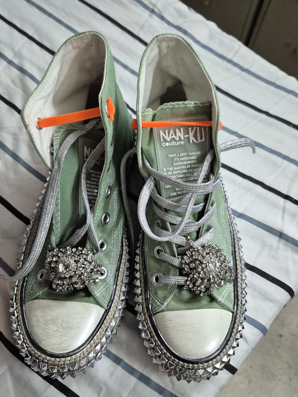 Nan-Ku Couture Green Canvas Rhinestone High-Top Sneakers